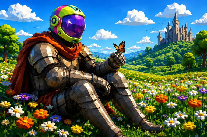 A digital illustration depicts an armored figure with a neon green and pink helmet sitting in a vibrant flower-filled meadow, holding a butterfly, with a castle on a distant hill.