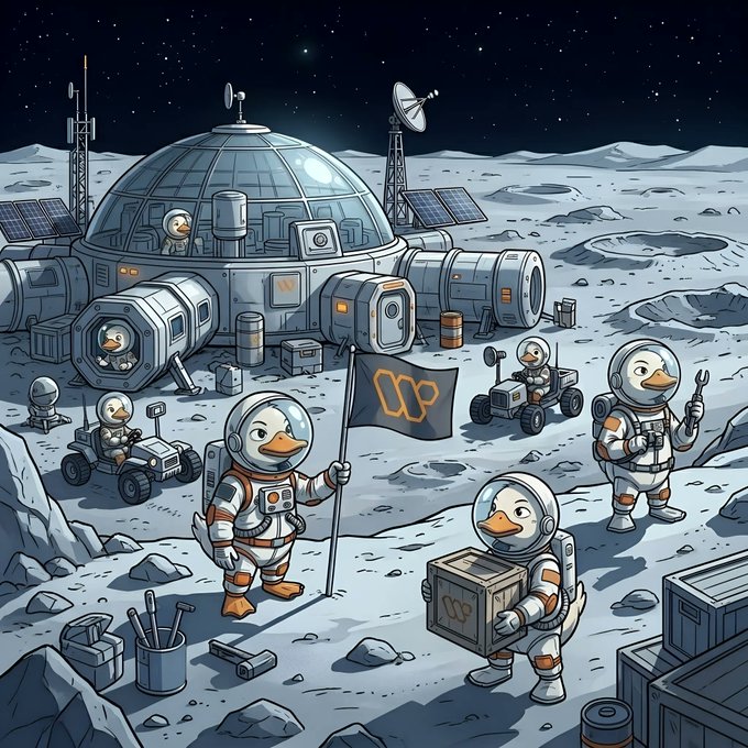 The image depicts a group of cartoon ducks wearing spacesuits, standing around a space station with a flag that says "Omni" written on it. The ducks are holding boxes, which could be related to their mission or activities within the space station. The post about blockchain ecosystems and engagement numbers is unrelated to this scene and does not provide any context for the image's content.