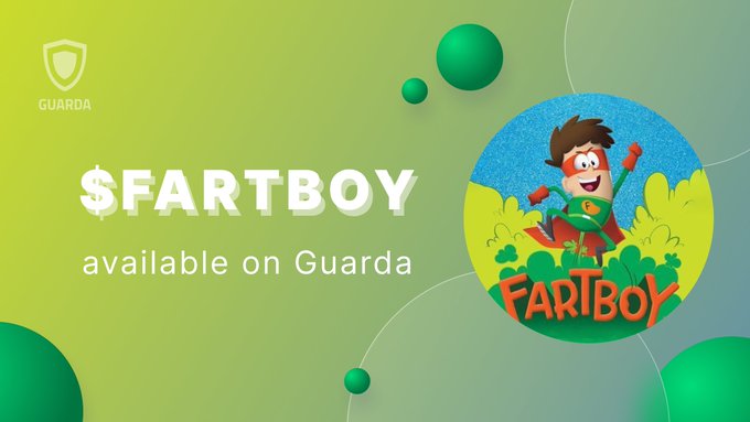 A promotional graphic featuring the Guarda Wallet logo in the top left corner displays "$FARTBOY available on Guarda" in bold white text against a green gradient background. On the right side, a circular cartoon illustration shows the FARTBOY mascot—a superhero character with brown hair wearing a green cape and red outfit—posed dynamically in front of a yellow burst background, with "FARTBOY" written in orange comic-style lettering below him. The image visually reinforces the announcement that the FARTBOY token ($FARTBOY) can now be stored and managed alongside other assets, including SOL, within the Guarda non-custodial wallet.