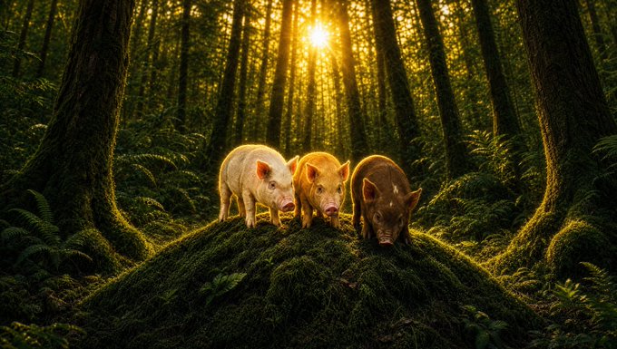 An artistic image of three pigs standing on a moss-covered mound in a sunlit forest with golden light filtering through tall trees.