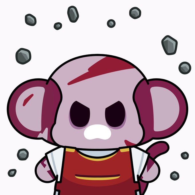 A cartoon-style illustration features a purple, monkey-like character with large ears and angry dark eyes, wearing a red and white outfit while rocks float around it.