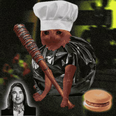 A surreal edited image shows a red, cat-like “red cashcat” wearing a chef’s hat and holding a red wired bat, while a burger sits nearby. A small portrait labeled “@vladtenev” appears at the bottom left, matching the post’s mention of him “just chilling here vibing.”