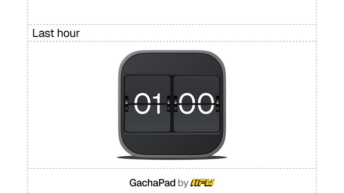 A digital flip-clock graphic displays "01:00" with the label "Last hour" above and "GachaPad by NFW" below, illustrating a countdown for the upcoming NFT sale at sale.nfw.fun.