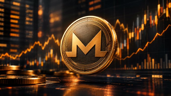A glowing gold Monero (XMR) cryptocurrency coin displayed against a backdrop of an orange stock market chart.