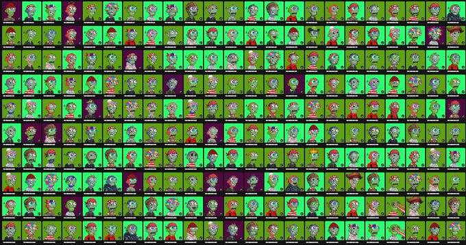 A grid of pixel art NFT-style character portraits featuring various colorful avatars with different hairstyles, outfits, and backgrounds, each labeled with a number.