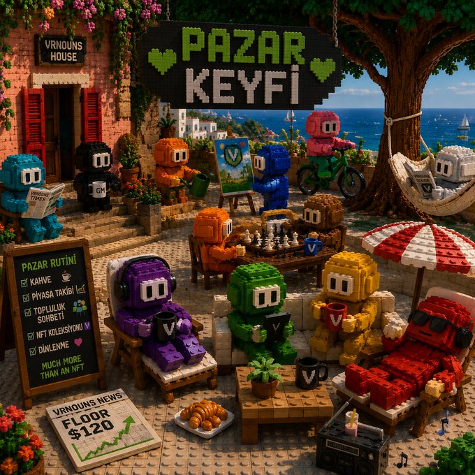 A colorful LEGO-style digital art scene featuring various blocky characters in an outdoor cafe setting, with prominent text 'PAZAR KEYFI' and a sign listing 'PAZAR RUTINI' items.
