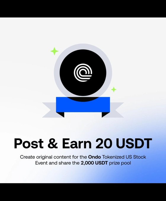 A promotional graphic with a circular logo and a blue banner, advertising 'Post & Earn 20 USDT' for creating original content for the Ondo Tokenized US Stock Event to share a 2,000 USDT prize pool.