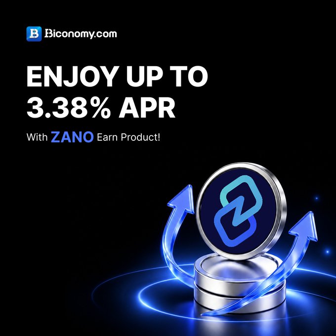 An advertisement for Biconomy.com promoting 'ENJOY UP TO 3.38% APR With ZANO Earn Product', featuring a 3D rendering of Zano coins with blue arrows.