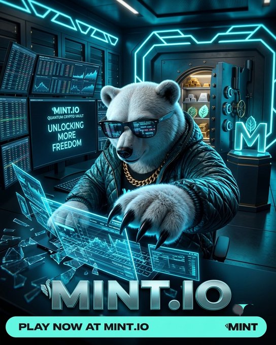 A digital advertisement featuring an anthropomorphic polar bear wearing sunglasses and a gold chain, with text promoting MINT.IO and 'UNLOCKING MORE FREEDOM'.