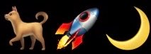 A digital graphic showing a dog, a rocket ship, and a yellow crescent moon arranged horizontally.