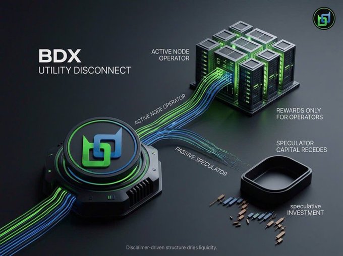 A digital infographic titled 'BDX UTILITY DISCONNECT' showing data flows between an 'ACTIVE NODE OPERATOR' and a 'PASSIVE SPECULATOR,' with text indicating 'REWARDS ONLY FOR OPERATORS' and 'speculative INVESTMENT.'