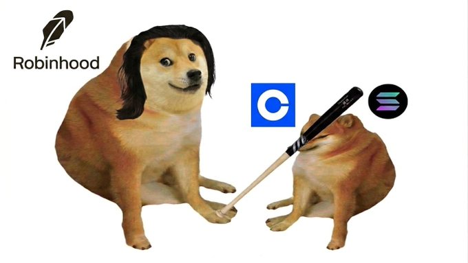 A 'cheems' doge meme edited with the Robinhood logo on the left and a smaller doge holding a baseball bat with Coinbase and Solana logos on the right.