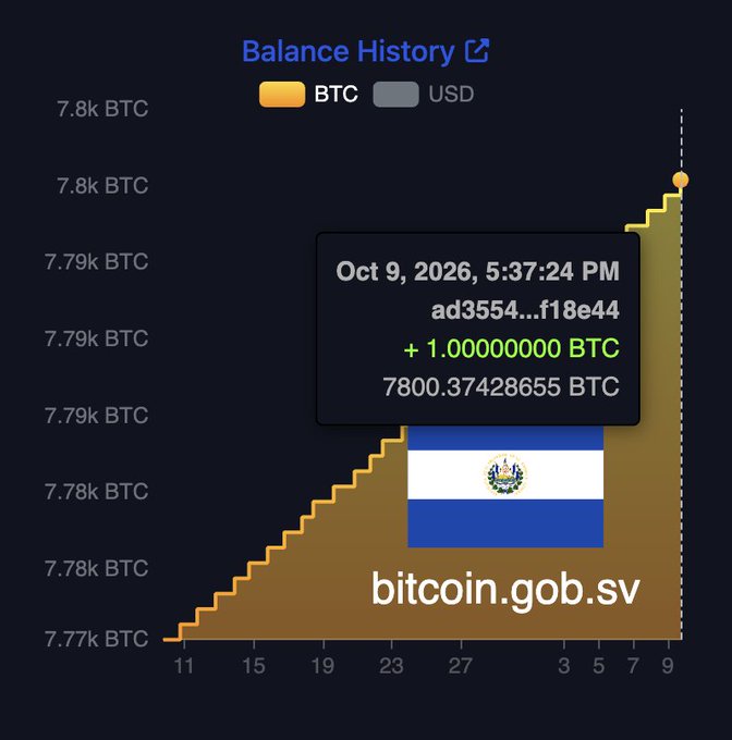 A Balance History chart shows BTC accumulating gradually from 7.77k to 7.8k BTC, with a tooltip indicating a +1.00000000 BTC transaction on Oct 9, 2026, alongside the El Salvador flag and the text 'bitcoin.gob.sv'.