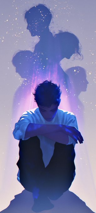 A young man sits hunched in thought, his head resting on his arms while glowing purple and blue spectral figures loom above him, evoking the weight of invisible, complex thoughts. The ethereal, shadowy silhouettes rising from the figure visually echo the post's themes of layered, unseen cryptographic protections and the hidden quantum forces woven into familiar systems.