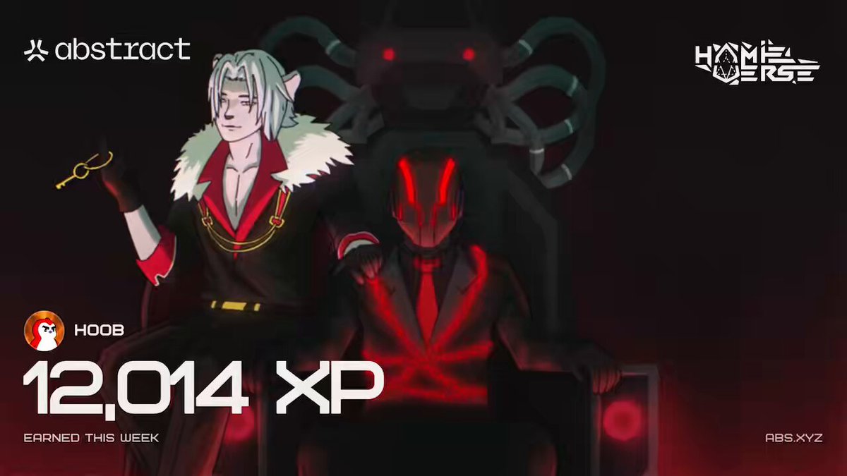 The image features a poster for an anime game called "Happy XP", which has been released recently. The poster showcases two characters from the game - one sitting on a throne, wearing a red cape with a skull design, and another character standing behind them in a chair, also dressed in a red cape with a skull design. The poster includes text that reads "Happy XP day, fam @AbstractChain".