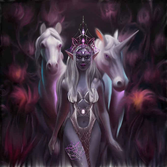 A fantasy digital artwork depicting a pale, elf-like woman with white hair and an ornate headpiece, flanked by two white unicorns amidst dark, purple, and pink swirling energy.