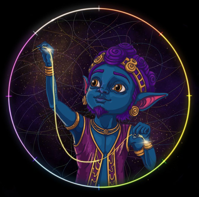 The image features a blue-skinned elf with gold accents, wearing a purple robe and holding a piece of string that's glowing in rainbow colors. The elf is looking up at something above his head or extending towards the glowing string. This vibrant scene is set against a dark background with a circular pattern, likely representing a starry sky filled with countless twinkling lights. A post on social media mentions the elf and asks for the exchange of $30 worth of stock for a gold ring launched by @jpfranetoCA:0x323e74c31915db296B82b032f966592f31EFba3.