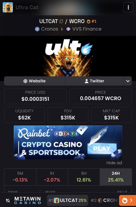A cryptocurrency tracking screen for 'ULTCAT / WCRO' token showing a roaring cat logo, price at $0.0003151, 24-hour gain of 25.41%, and a Rainbet crypto casino advertisement.