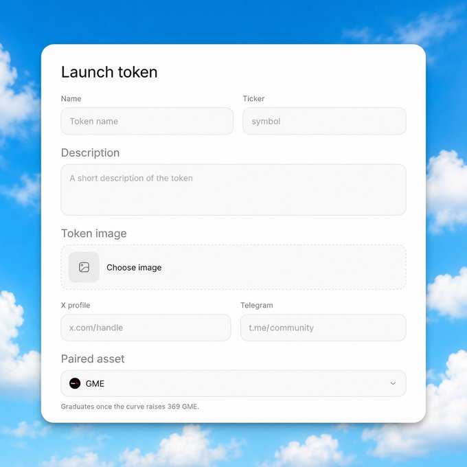 A "Launch token" interface displayed against a cloudy sky background, featuring fields for token name, ticker, description, image upload, X profile, Telegram, and a paired asset selector currently set to GME (which "Graduates once the curve raises 369 GME"). The form visually demonstrates the token-launching capability referenced in the post about pairing and launching tokens with real-world assets like GME and AAPL on Robinhood Chain.