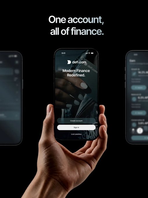 A hand displays a smartphone showcasing the defi.com app with the tagline "One account, all of finance" and "Modern Finance Redefined" prominently featured above. The app's onboarding screen offers options to "Create account," "Sign in," or recover a "Lost passkey," visually reinforcing the post's message about consolidating financial tools under a single self-custody platform.