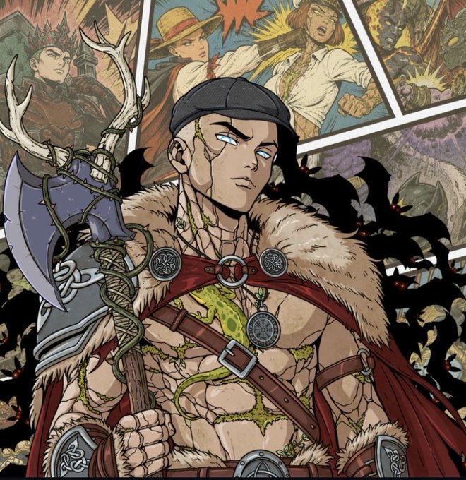 The image is a detailed fantasy illustration of a muscular warrior with a fur-trimmed cloak, wielding a large axe and wearing Norse-inspired jewelry, including a pentacle medallion. In the background, comic panels feature characters in action, adding a dynamic narrative element that aligns with the post's excitement about "upgrades hitting hard" from @Solgodsnfts, suggesting the artwork represents a powerful upgrade or new tier for the NFT collection.