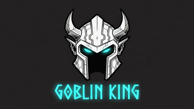 A stylized logo depicting a white horned knight's helmet with glowing cyan eyes on a dark background, with the text 'GOBLIN KING' displayed below in a glowing cyan font.