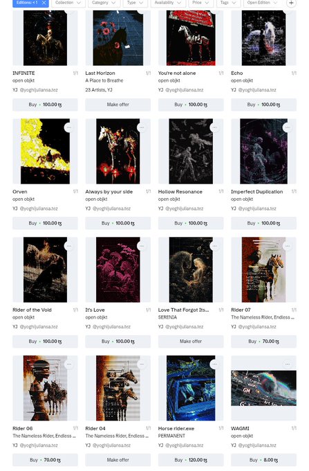 The image shows a screenshot of an art gallery or website, displaying various pieces of art that are up for sale. The artworks range from landscapes to portraits, capturing different themes and styles. There are also descriptions associated with each artwork, providing more information about its creator and artistic approach. The post is titled "Creating art is the purest freedom I know. Sharing it with all of you and with collectors who genuinely feel its soul is an honor." This suggests that the gallery or website is focused on promoting and supporting artists to share their creations with a wide audience, possibly in the hopes of attracting art enthusiasts and collectors who value and appreciate the artistic works displayed. The post also states "1/1s for 100 XTZ on objkt Link below," which implies that the viewer should click the provided link to view more details about one of the featured artworks or posts related to this specific artwork.
