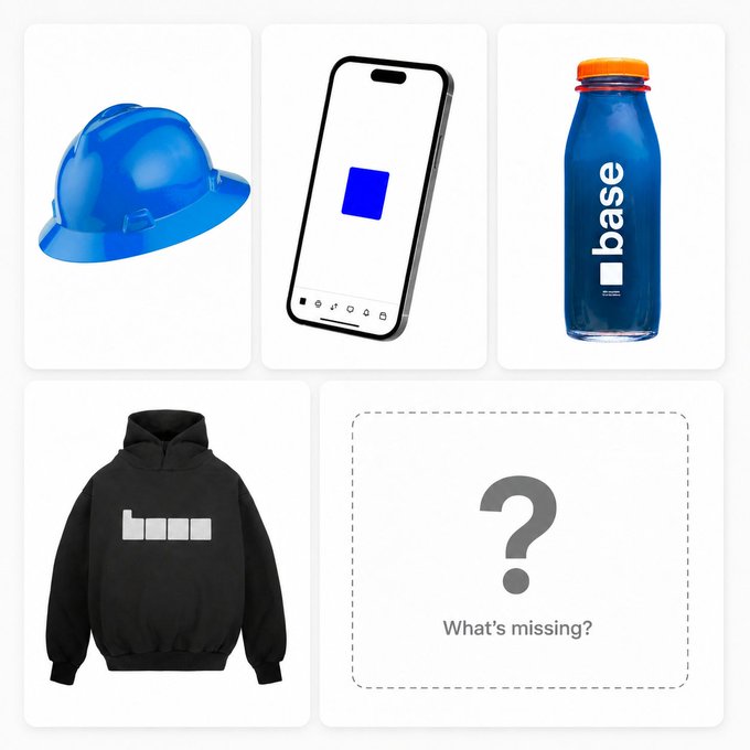 A grid of 5 product images featuring Base merchandise: a blue hard hat, a phone displaying the Base logo, a blue water bottle with the Base logo, a black hoodie, and a placeholder asking 'What's missing?'.