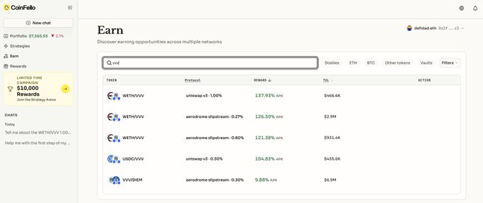 A screenshot of the CoinGecko Earn page displaying various crypto earning opportunities across networks including ETH, BTC, and other tokens, showing APY rates and TVL.