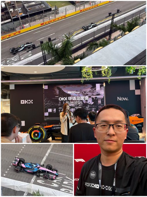 A four-panel collage featuring Formula 1 race cars on a track, an OKX-branded meet-and-greet event with a McLaren car, and a man taking a selfie in an OKX lanyard.