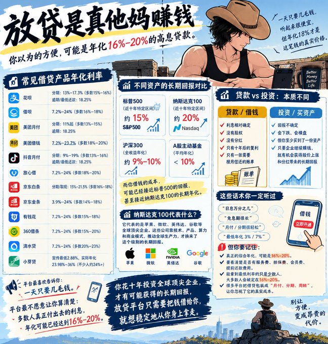 The image is a Chinese infographic titled "放贷是真他妈赚钱" (Lending is goddamn profitable), featuring an illustrated cowboy against the Great Wall, detailing annualized interest rates (年化利率) of major Chinese lending platforms including 花呗 (13%-17.3%), 借呗 (7.2%-24%), 美团月付 (11%-18.25%), 抖音月付 (9%-19%), 放心借 (7.2%-24%), and others, while comparing long-term returns of investments like 标普500 (~15%), 纳斯达克100 (~20%), and A股主动基金 (<10%). It warns consumers that the convenient lending services they casually tap into often carry hidden 16%-20% annualized costs, far exceeding typical investment returns.