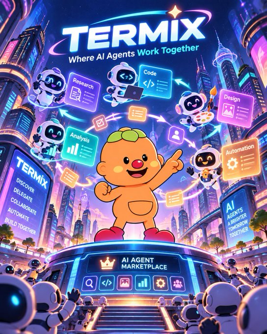 A colorful promotional poster for "TERMIX" with the tagline "Where AI Agents Work Together," showing a cartoon orange mascot surrounded by icons for Research, Code, Design, Analysis, and Automation against a futuristic cityscape.
