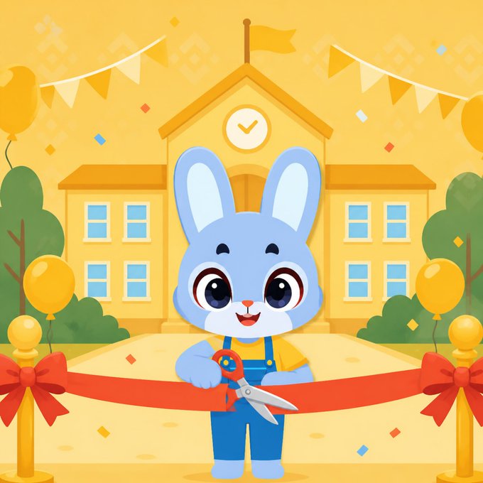 A cute cartoon blue bunny in overalls cuts a red ribbon at a ceremonial opening in front of a yellow school building decorated with flags, balloons, and bunting.