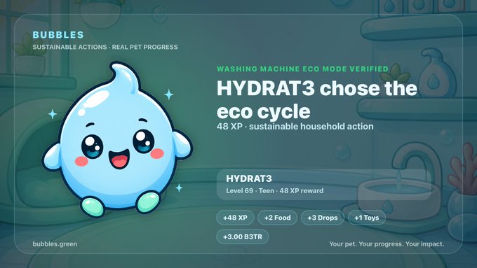 A gamified app notification for 'BUBBLES' showing a cute blue water drop character rewarding user 'HYDRAT3' with +48 XP for choosing an eco washing machine cycle.