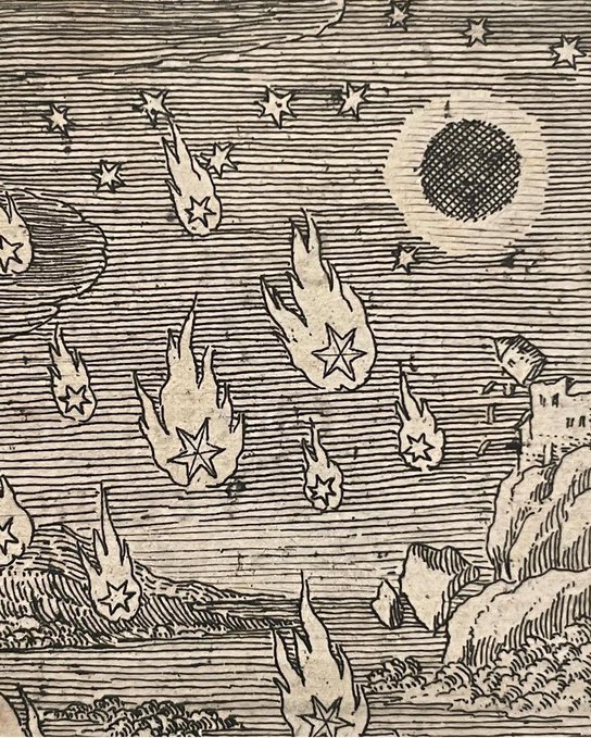 A vintage black-and-white illustration showing flaming meteorites with star symbols falling from the sky toward a landscape with a building and castle.