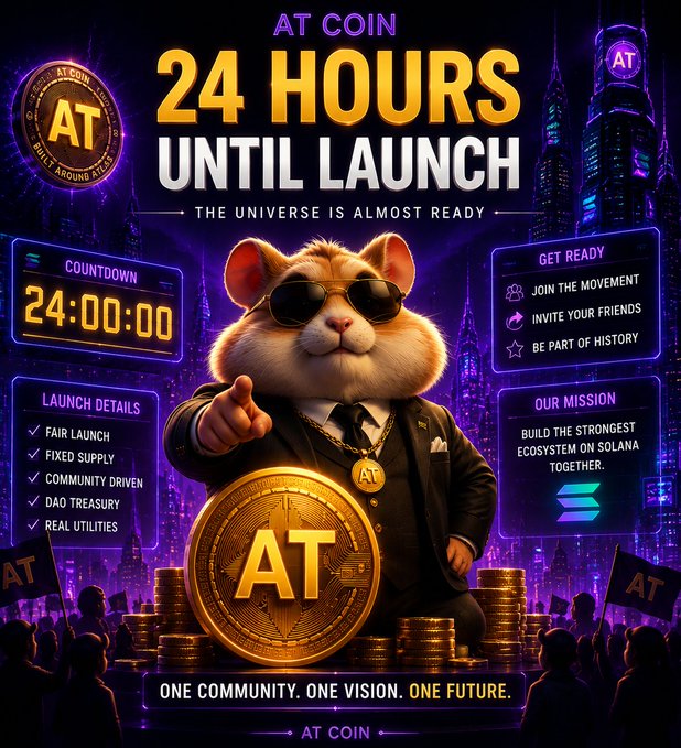 Promotional graphic for 'AT COIN' featuring a hamster mascot in sunglasses and suit, advertising '24 HOURS UNTIL LAUNCH' with a 24:00:00 countdown and features including fair launch, fixed supply, and Solana ecosystem.