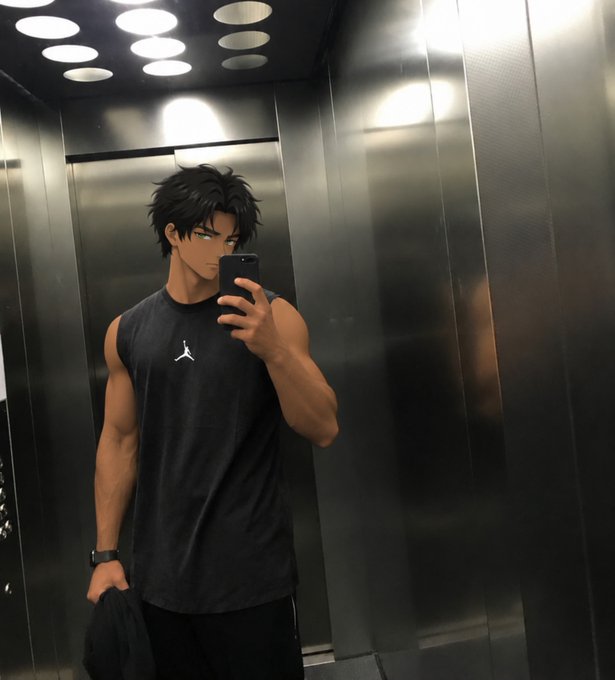 A mirror selfie of an anime-style muscular character wearing a black Jordan tank top, standing in a metallic elevator.