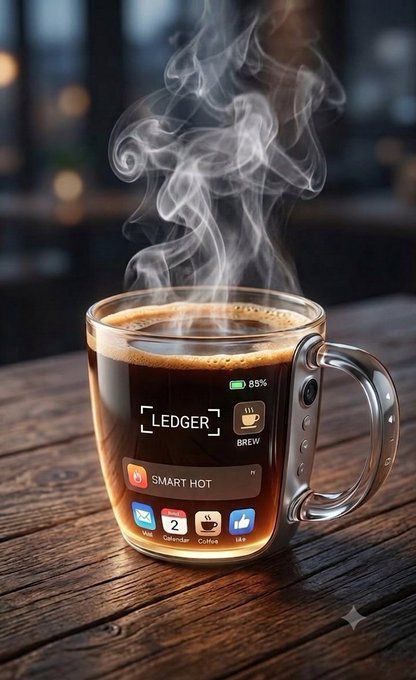 A glass mug of steaming coffee sits on a wooden table, featuring a digital display labeled 'LEDGER BREW' showing '85%' and a 'SMART HOT' app interface.