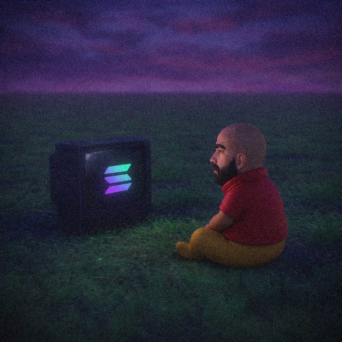 An artistic illustration of a bearded man in a red shirt sitting in a grassy field at dusk, gazing at a glowing Solana (SOL) logo displayed on an old television set.