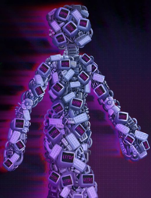 A surreal 3D-rendered humanoid figure composed entirely of old computer monitors, keyboards, and tangled cables, with each screen displaying the word 'Error' in pink text against a purple grid background.