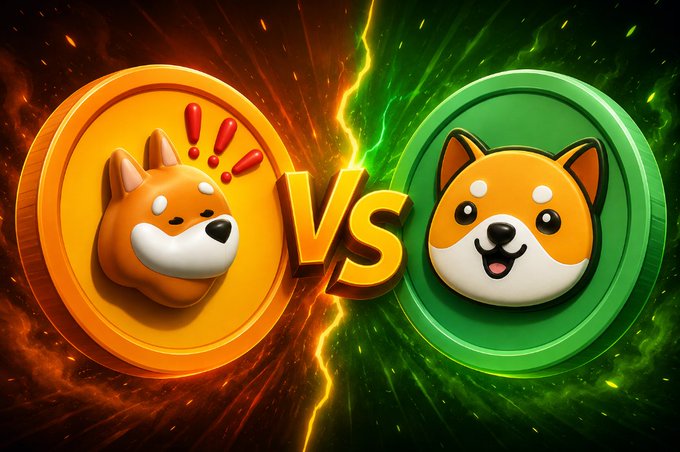 A dramatic showdown featuring a fiery orange Shiba Inu representing $BONK on the left and a vibrant green Shiba Inu representing $BABYDOGE on the right, separated by a bold "VS" emblem with crackling energy between them, visually echoing the post's call to choose which memecoin is more bullish.