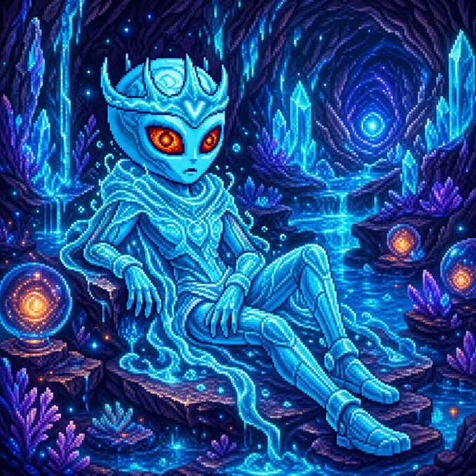 The image features an alien-like creature sitting on rocks with its legs crossed, wearing armor that resembles a knight's outfit. The creature has blue eyes and red lips, giving it a unique appearance. The background of the image depicts a cave or tunnel filled with crystals, adding to the overall atmosphere of the scene. The caption "Gm Gm Fam, Have a great weekend!!!" is written in white text at the bottom of the image.