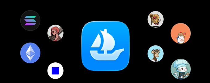 The OpenSea mobile app icon is centrally displayed against a black background, surrounded by various cryptocurrency and NFT-related logos including Ethereum (ETH), Solana (SOL), and cartoon character avatars. The image visually represents the post's discussion of OpenSea's mobile app experience, highlighting features like swapping, minting, and token swaps that the user is providing feedback on.
