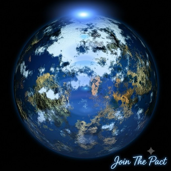A digital illustration of an Earth-like planet in space with a glowing blue light at the top pole and the stylized text "Join The Pact" in the bottom right corner.