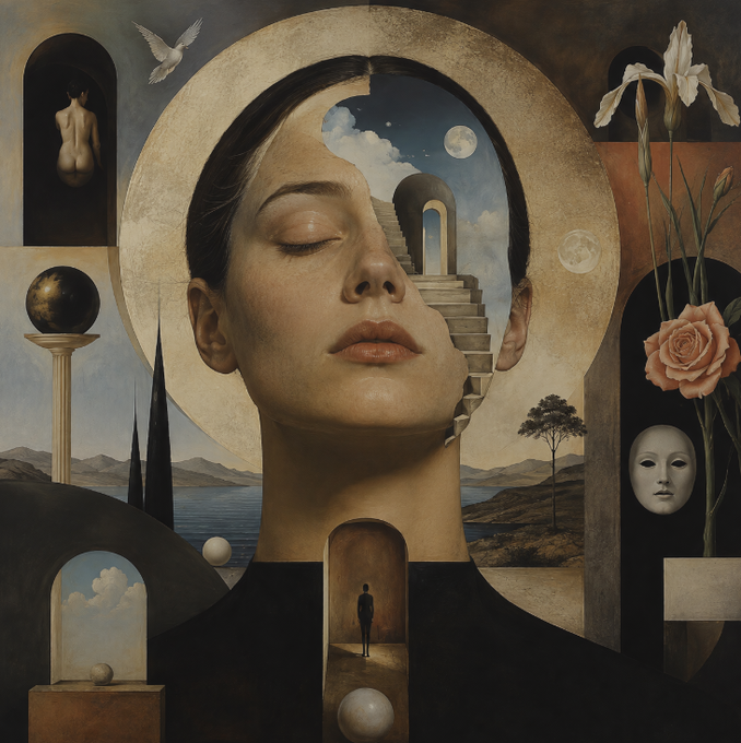 A surreal digital artwork features a large central female face with closed eyes, surrounded by a golden halo and various surreal elements including staircases, moons, a white dove, irises, a rose, and small figures in archways.