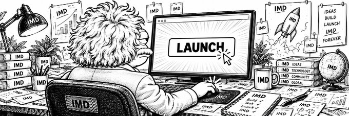 A person sits at a desk surrounded by IMD-branded items, clicking a "LAUNCH" button on their computer monitor, symbolizing the launch of Super Intelligent Identity with contract address 0xbb0c1f82a2ea0253ea3d91c2f05caded82133415, where fees fund 50% of IMD job costs.