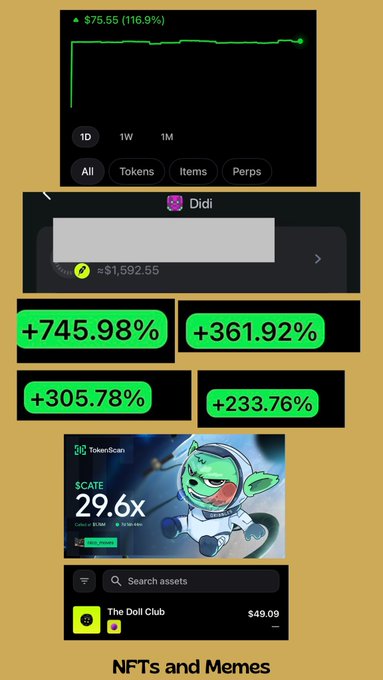 The image shows a portfolio screenshot displaying a gain of +$75.55 (116.9%) alongside various crypto assets, including a Didi token worth $1,592.55 and percentage gains like +745.98%, +361.92%, +305.78%, and +233.76%, plus a TokenScan SCATE score of 29.6x and NFTs/Memes category. It also features a search bar with "The Doll Club" NFT priced at $49.09, visually representing the "NFTs and Memes" section of the August income report that exceeded the $1k target.