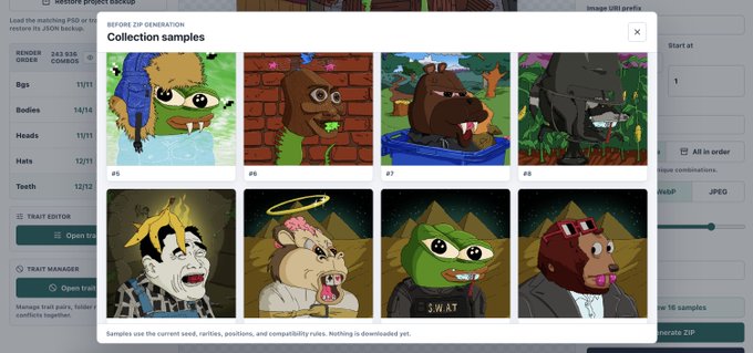 A screenshot of a 'Keston project backup' interface showing 'Collection samples' with 8 numbered NFT character previews, including various creatures and figures with traits labeled 'Bodies', 'Heads', 'Hats', and 'Teeth'.