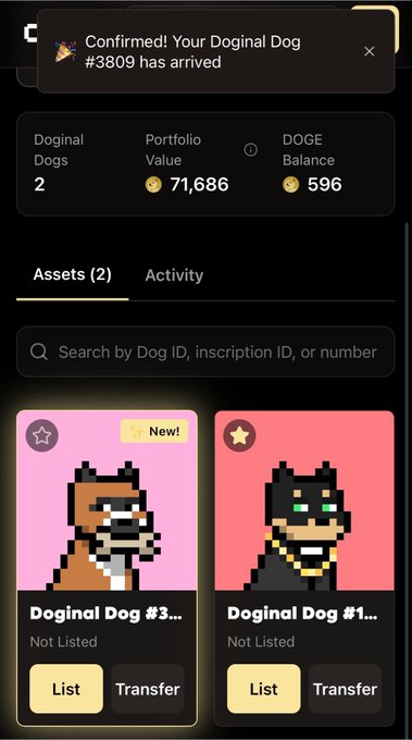 A mobile app interface showing 'Doginal Dogs' portfolio with 2 assets, a Portfolio Value of 71,686 and a DOGE Balance of 596, displaying pixel-art Doginal Dogs #3809 and #16.