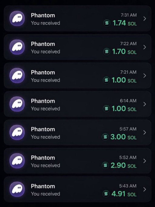 A screenshot of a digital wallet showing multiple incoming transactions from 'Phantom' in Solana (SOL) amounts ranging from 1.00 to 4.91 SOL.
